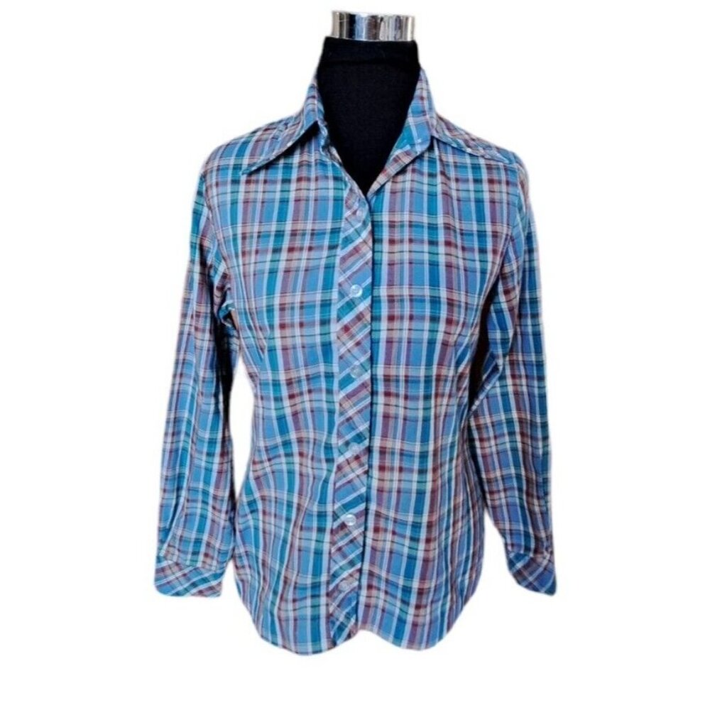 College Town Blue Red Green Plaid Shirt Preppy Western Button Up Medium 80s VTG